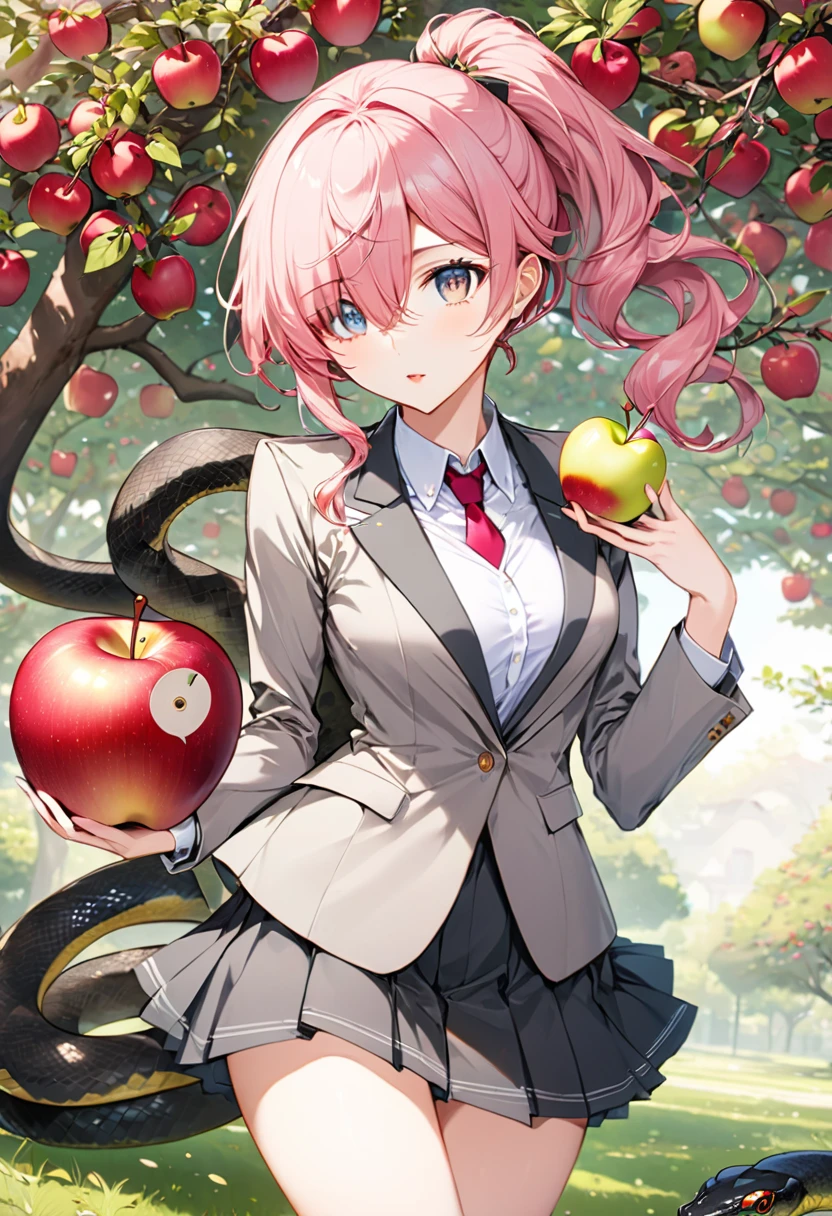 masterpiece, best quality full body, 1female holding an apple, under an apple tree, snake talking beside her, long_ponytail wavy tip pink color hair, hair over one eye, wearing grey blazer, wearing short skirt, detailed beautiful eyes, detailed gorgeous face, perfect anatomy, dynamic pose, intricate details, anime,