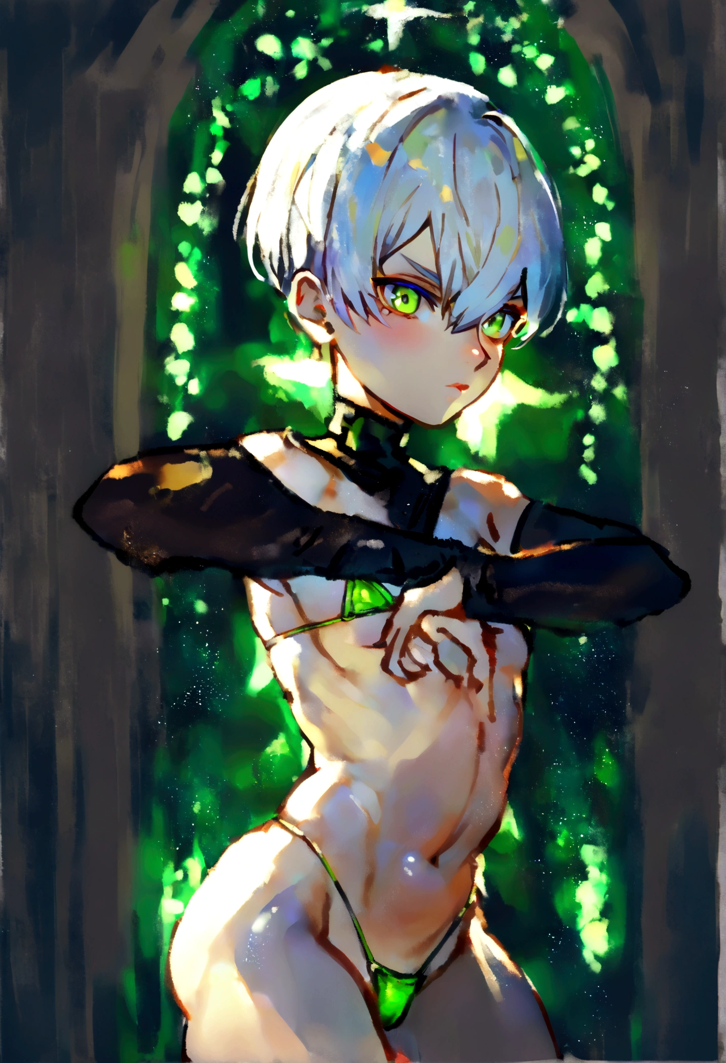Yorha 9s, male, micro bikini Green, hair yellow, Small stature, femboy pose, small dick