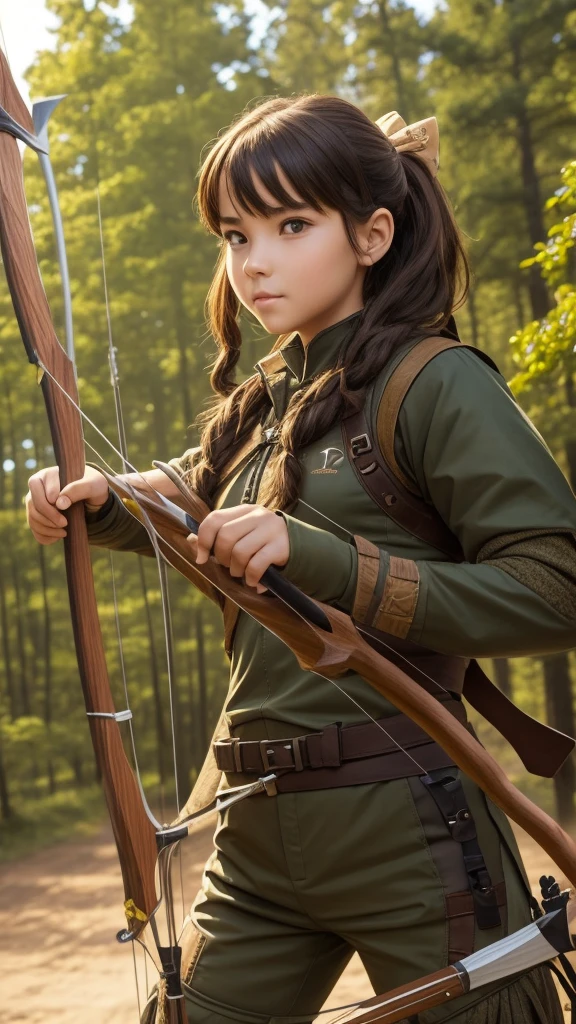 Girl dressed in a hunter outfit, with bow and arrow