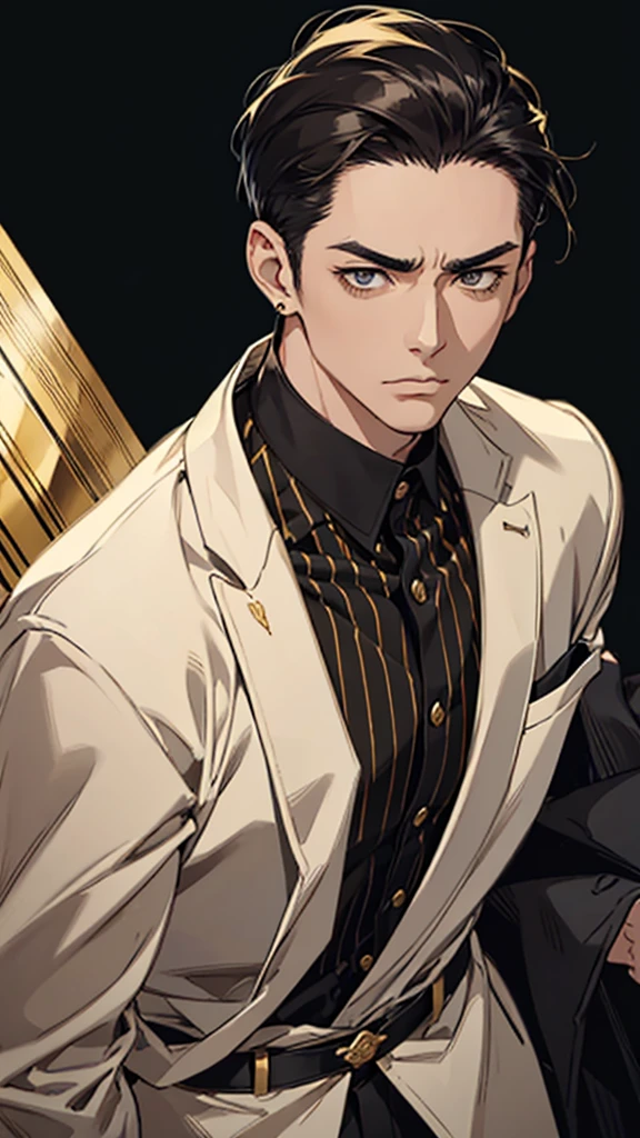 Man, young man, black hair, dark circles under the eyes, narrow eyes, black and white striped shirt, gold earrings, thin body, short bangs, shaved sides, black ring on middle finger of right hand, upper body