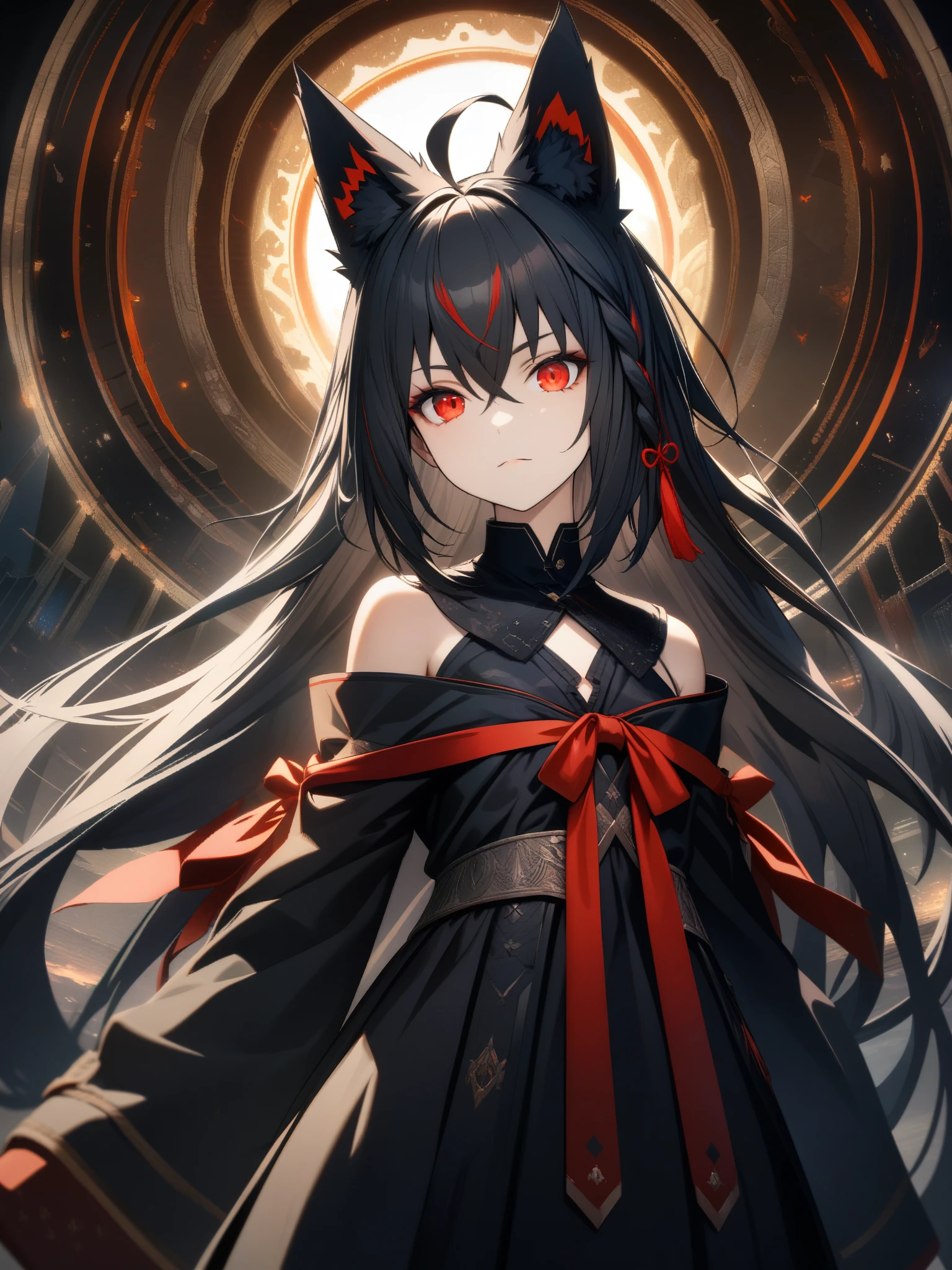 32k, best quality, ultra high res, HDR, UHD, extremely detailed CG, unity 32k wallpaper, {{{masterpiece}}}, {{{best quality}}}, {{ultra-detailed}}, {illustration}, {{an extremely delicate and beautiful}}, kurokami fubuki,fox girl,black hair,braid,ahoge,animal ear,red eyes,red ribbon,black shirt,off shoulder, whole body, 17 years old, very long hair, ahoge, small_breasts, absurdres, highres, very precise detailed, {{{beautiful detailed eyes}}},