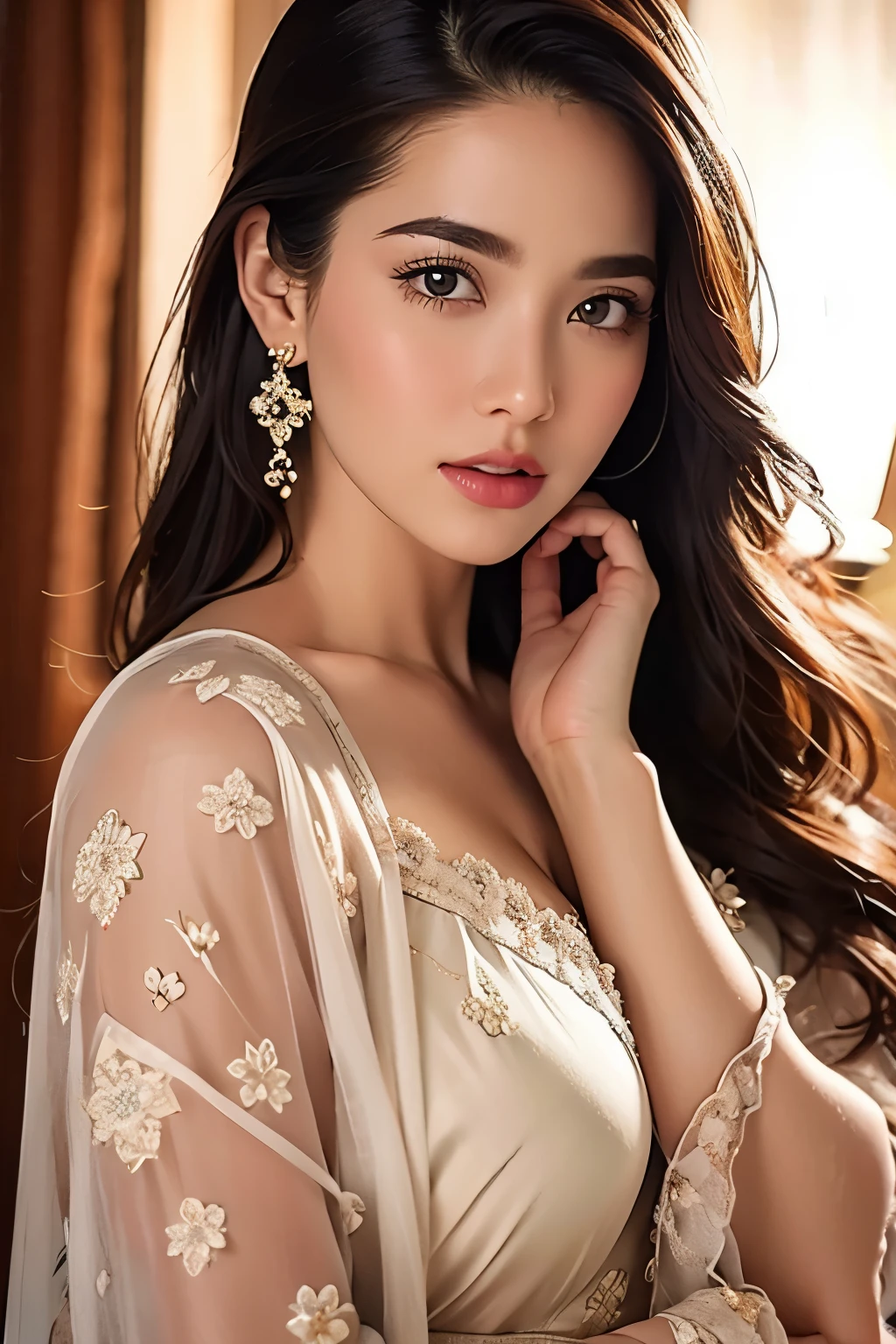 Extremely stunning beautiful girl,beautiful detailed eyes,beautiful detailed lips,extremely detailed face and skin,long eyelashes,detailed hair,silk nightgown, very detailed bedroom interior,luxury bedroom, floral bedsheets,silk curtains,crystal chandelier,warm ambient lighting,cinematic lighting,photorealistic,masterpiece,best quality,8k,ultra-detailed,vivid colors,soft focus,intricate details