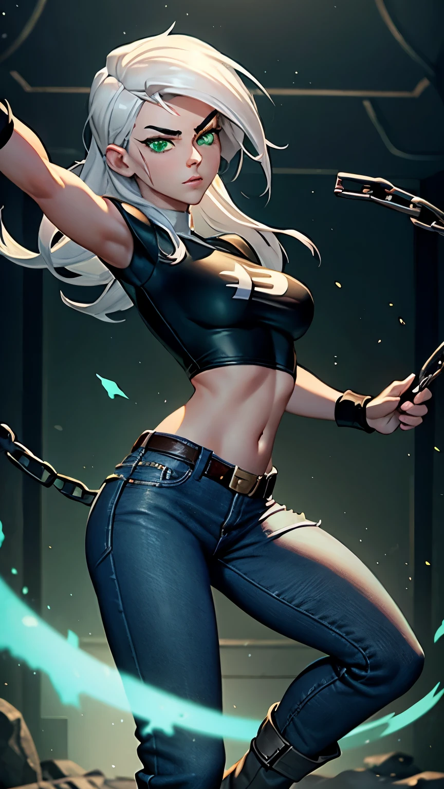 (masterpiece), danny phantom, best quality, green eyes, perfect face, highres, 1girl, solo, (female:1.5), cute, white hair, long hair, white fingerless gloves, black t shirt, leather jacket, jeans, indoors, , dancing around chains whip, holding chains whip, cowboy shot, looking at the viewer, fullbody shot, long boots, ninja style, attack pose
