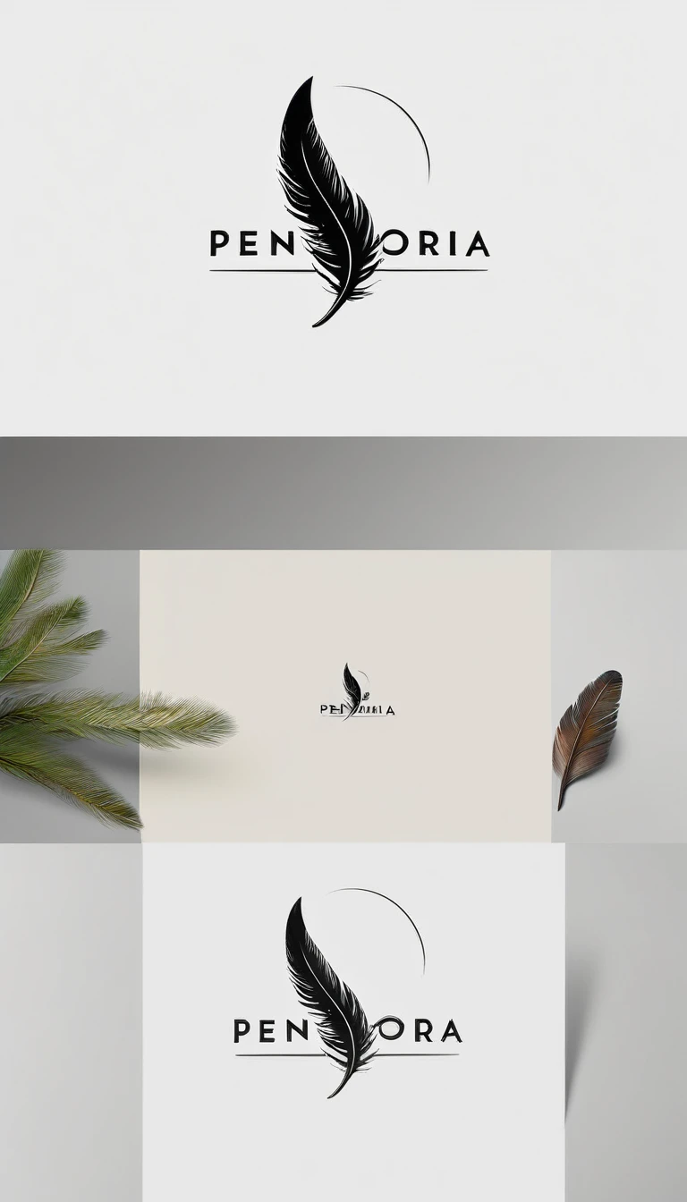 A minimal, modern, simple, cinematic logo design for the brand “Penamemoria". Create a modern, minimalistic, high-quality, logo of a bird feather