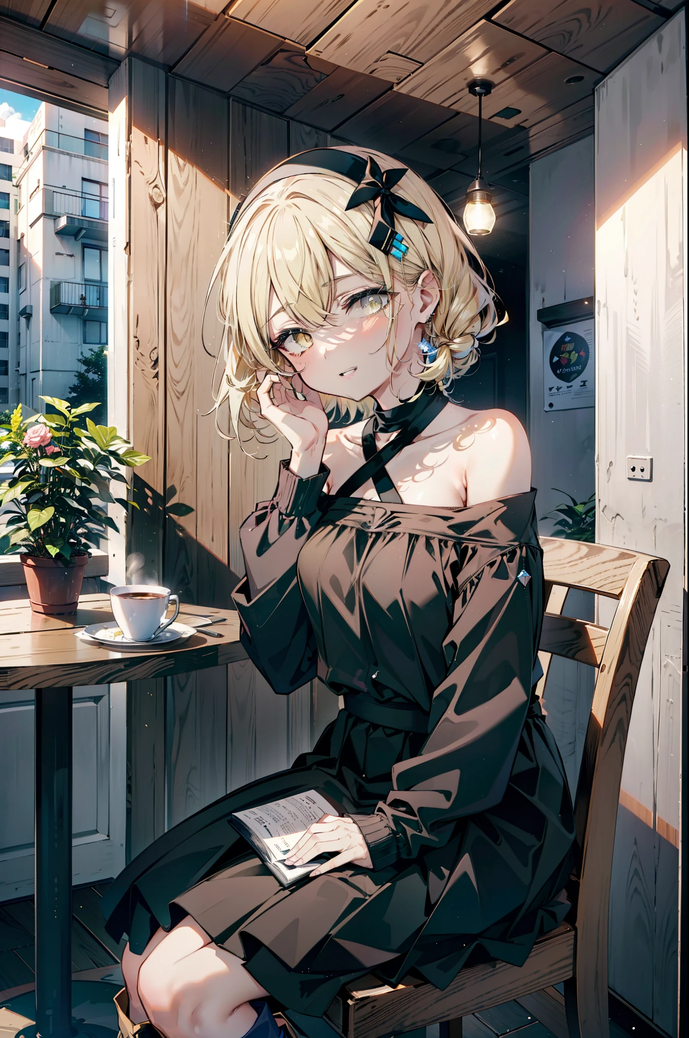 (アイスWallenstein, Wallenstein, blonde, Hair between the eyes, hair band, happy smile, smile, Open your mouth,Blonde,Long Hair, (Yellow Eyes:1.5),One-shoulder sweater,Long skirt,short boots,Sitting in a chair,There is food on the table,Daytime,Clear skies,whole bodyがイラストに入るように,　　　　　　　　　　　　　　　　　break looking at viewer, whole body,　　　　　　　　　　　break indoors,Coffee shop,,　　　　　　　　　　　　　　　 break (masterpiece:1.2), Highest quality, High resolution, unity 8k wallpaper, (shape:0.8), (Beautiful and beautiful eyes:1.6), Highly detailed face, Perfect lighting, Extremely detailed CG, (Perfect hands, Perfect Anatomy),