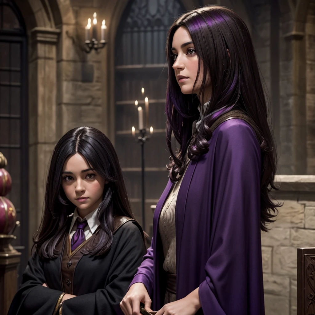 Woman from the world of Harry Potter, brunette with straight dark black hair and some purple highlights