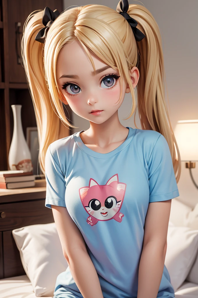 hyperrealistic american teen, blonderfect tiny body, sexy, dark makeup, perfect slim face, big red lips, very cute face, tiny body, big eyes, young looking, childish looking, sexy pijama t-shirt, two ponytails, big breasts