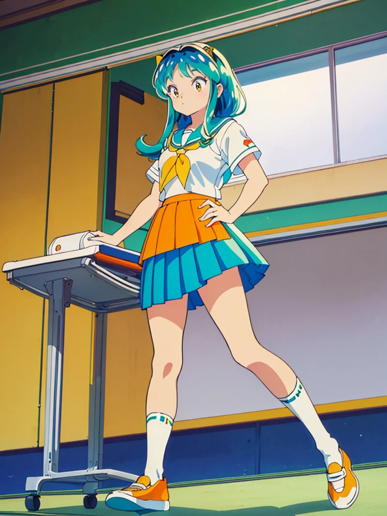 masterpiece, Highest quality, 1 Girl, Lum, Sailor suit, Summer clothes, Navy Blue Skirt, uniform, anime, Charm, 18-year-old, sexy, Stand with your feet apart, Japan, High definition, From before, classroom, Green Hair, Cowboy Shot, smile, Yellow neckerchief, 1980年代animeスタイル, White socks, Orange sneakers, From below, Bold composition