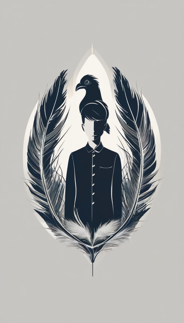 A minimal, modern, simple, cinematic logo design e of a boy with a head full of feathers for the brand “Penamemoria" .