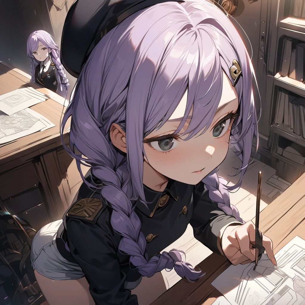 (a girl and a female:1.5), (a girl with closs hair pin,pale purple hair,wavy two braids,bluntbangs hair,green and black eyes :1.4), anime visual, (tilt head:1.3), extremely delicate face, soft clean focus, realistic lighting and shading, (an extremely delicate and beautiful art:1.3), (muted colors:1.1), small breast,slim,In a steampunk command room, there is a display on the wall, with a line art drawing of the blueprints for the wings to be attached to the girl,
A female superior officer looks up at it and gives orders, wearing a blue military uniform, beret, and tight miniskirt,
The girl who is listening to the orders is wearing a black tank top and shorts,