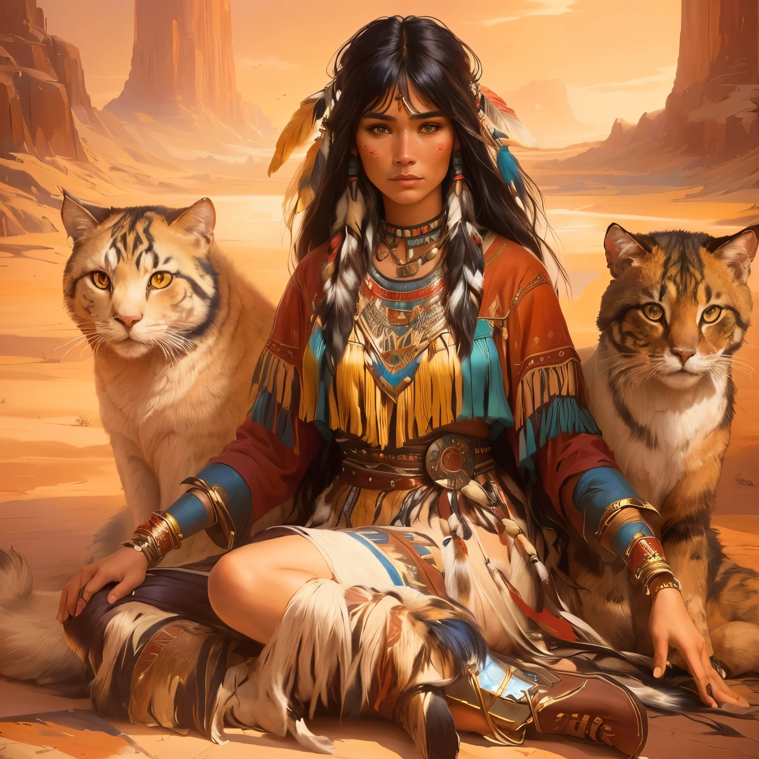 painting of a woman sitting on the floor with two cats, : native american shamen fantasy, native american, warrior woman, native american art, Karol behind uhd, a beautiful warrior woman, Pocahontas, beautiful avatar photos, magali villeneuve', artista gráfica magali villeneuve, Warrior Girl, amazing fantasy art, beautiful character painting, beautiful digital art