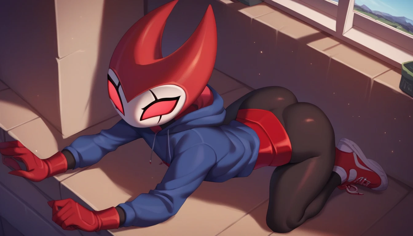 score_9, score_8_up, score_7_up, score_6_up, zPDXL2, grimm \(hollow knight\), vampire, bat, 1boy, solo, cute face, detailed eyes, anthro, near the window, landscape, highlight thighs, red sports gloves, sneakers, profile picture, blue hooded, angle from above, highlight thighs, highlight buttocks