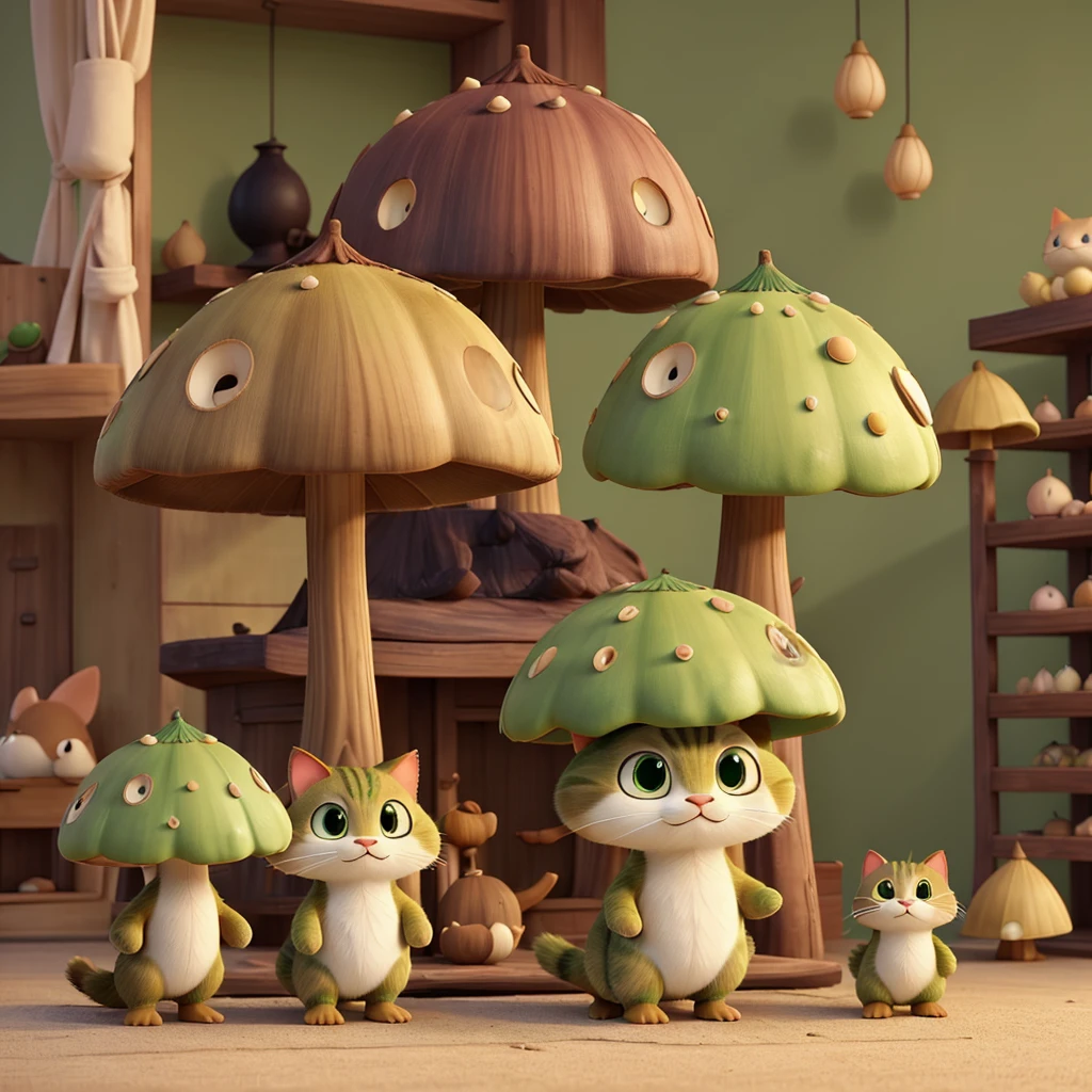 The light matcha-colored cat wears a "cream-colored poisonous mushroom"-shaped hat on its head.。
Its body is like a poisonous mushroom,The body changes into the shape of a mushroom,The feet also become cylindrical and long,But without losing the cat’s hair and mobility。
Eyes become round and big,Wine red。
The tail becomes like a platypus,flat and wide