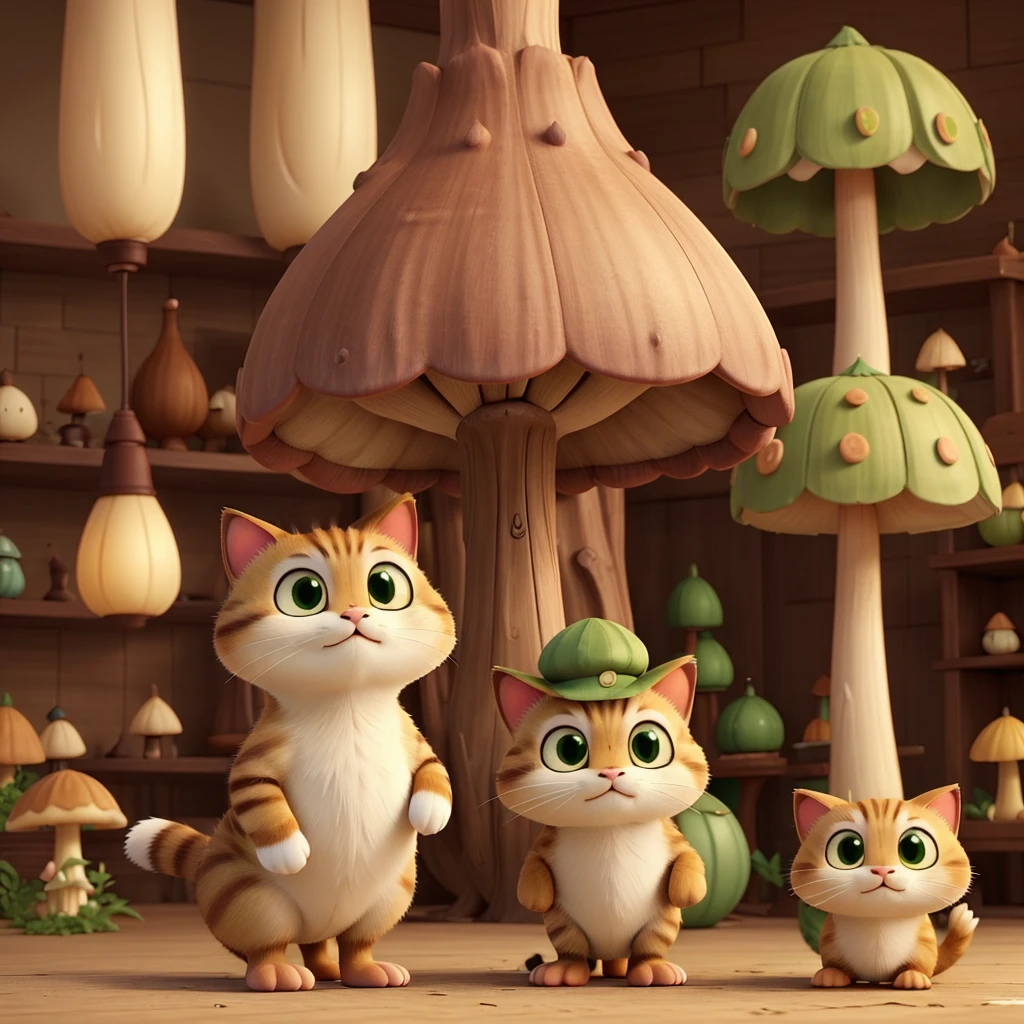 The light matcha-colored cat wears a "cream-colored poisonous mushroom"-shaped hat on its head.。
Its body is like a poisonous mushroom,The body changes into the shape of a mushroom,The feet also become cylindrical and long,But without losing the cat’s hair and mobility。
Eyes become round and big,Wine red。
The tail becomes like a platypus,flat and wide
