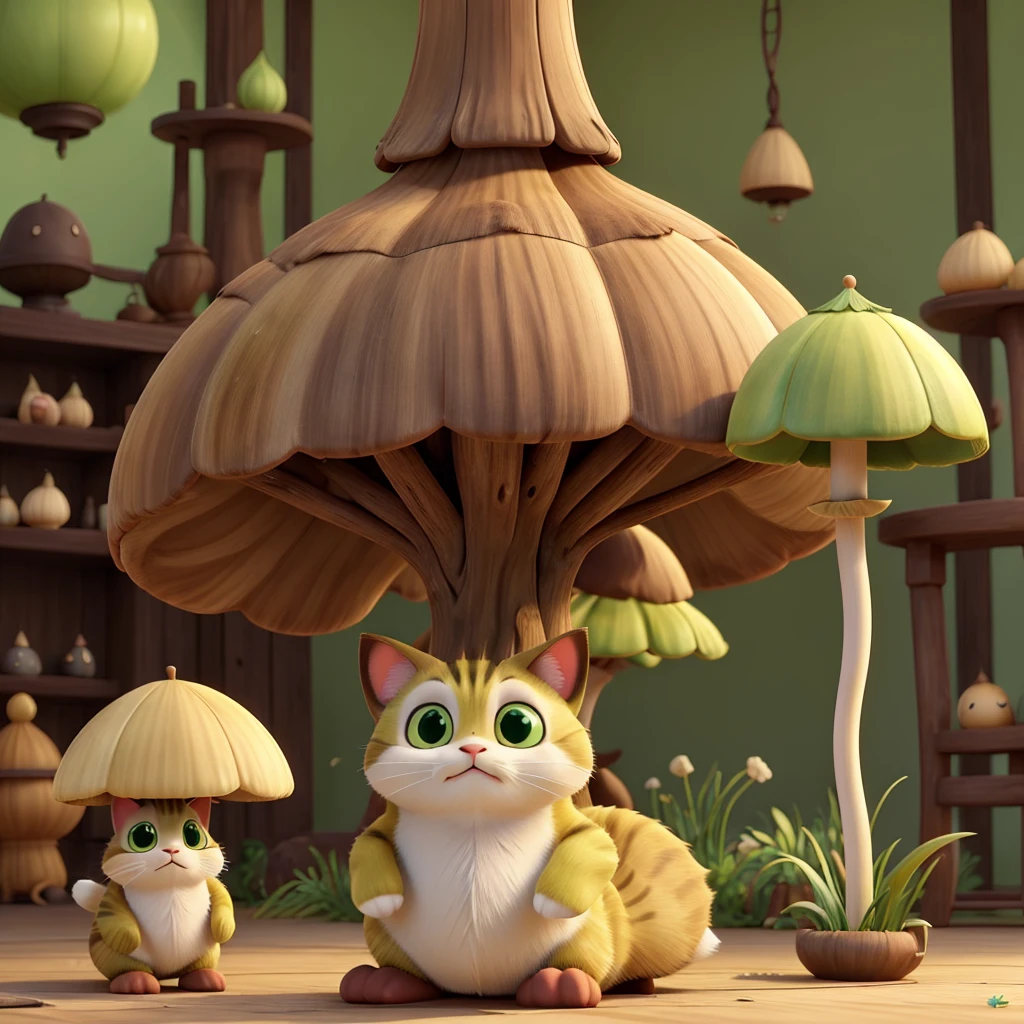 The light matcha-colored cat wears a &quot;cream-colored poisonous mushroom&quot;-shaped hat on its head.。 
Its body is like a poisonous mushroom，The body changes into the shape of a mushroom，The feet also become cylindrical and long，But without losing the cat’s hair and mobility。
Eyes become round and big，Wine red。
The tail becomes like a platypus，flat and wide