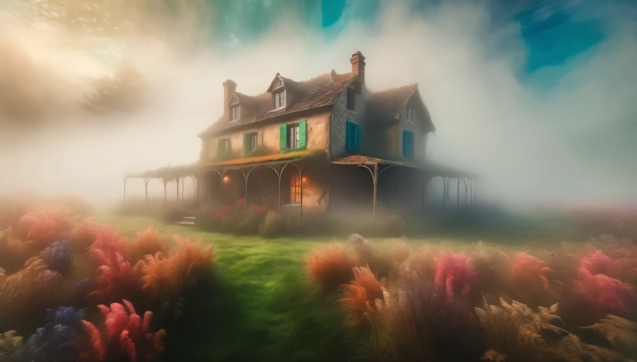 The farmhouse enveloped in thick fog, creating a mysterious and haunting atmosphere. Style of Claude Monet. Hyper Realistic photo, vibrant colors, 16k