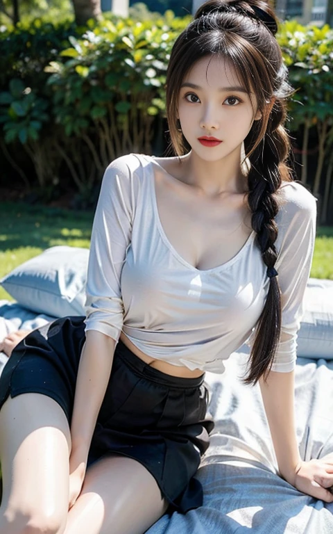 Reality, high resolution, Soft Light,1 Woman, Solitary, Hips up, View Viewer, (Delicate face), big long hair，Bun hairstyle，braid, lying on the grass, Looking from the bottom up, I found panties, See panties, secretary_white summer shirt, Black skirt, Pantyhose, Point on chest、Penetrating breasts、Showing nipples