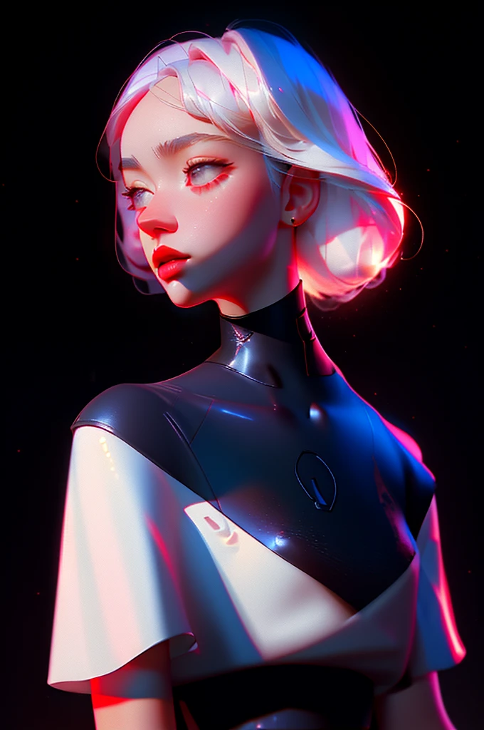hyper-realistic illustration, The perfect masterpiece, perfect artwork, 8k, (Upper body portrait: 1.5), (((Viewed from the front: 1.2))), lens close-up, delicate face, white hair, (hakuhatsu: 1.3), long hair, long arms, (black background: 1.3), sexy posing, low-cut dress, red and gold dress, pearl illusion, cyberpunk, trend fashion,3s material,high definition,detailed rendering,c4d,3d,octane rendering,ray tracing,complex details,neon lights,animated lighting,OCRenderer,8k
