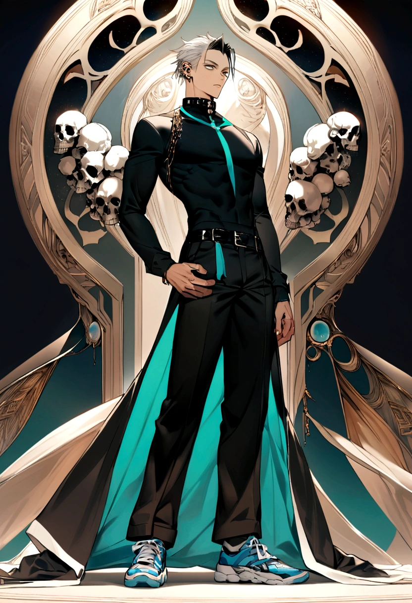 young boy is handsome, muscular, well marked and exercised but thin, his body is full of deep scars and he is very tall with white hair.
He has side-scraped black hair and a green mohawk. His eyes are light blue and he has 2 huge circles under his eyes and next to them he has some piercings. He has a black collar with blue parts, and his shirt is black, with a white skull, the same color as the edges of the shirt. His pants are dark blue and his sneakers are red and cream as are his socks. He also has some earrings and facial hair.