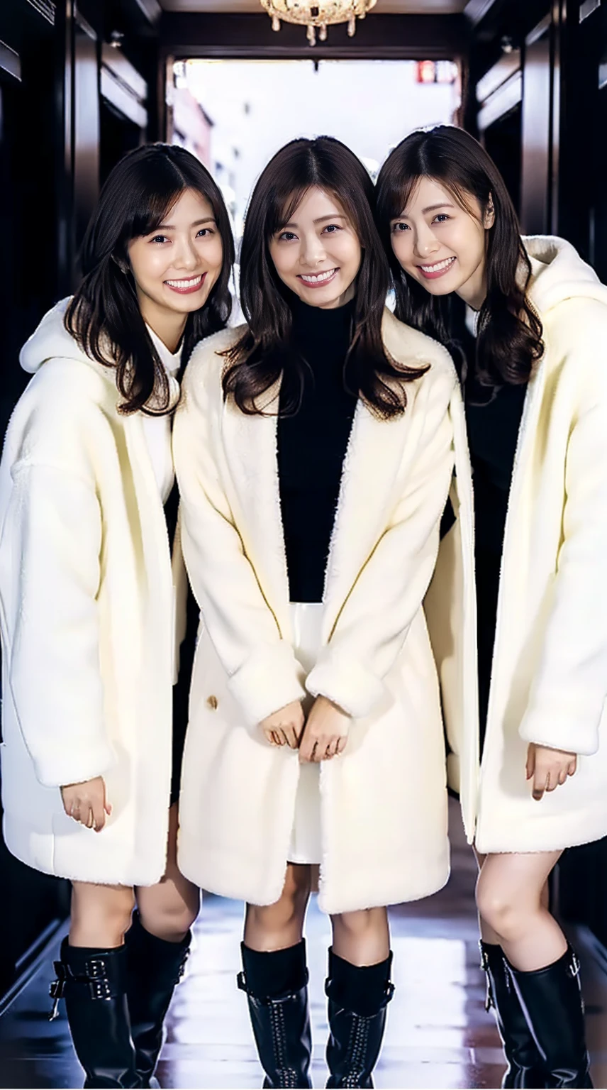 8K, RAW Photos, Full body photo, Realistic: 1.25), (Lip gloss, eyelash, Glossy face, Glowing Skin, Super beautiful sexy Japanese women, 20-year-old, Highest quality, Ultra-high resolution, Depth of written boundary, chromatic aberration, Caustics, Moisturized lips, Ultra Cropped Face, Shining Detail Eyes, Half-up dark brown hair, Snazzy, Same height, White long coat, Thick long coat, Feather long coat, Black knit dress, Black mini skirt, Black long boots, Three girls standing and hugging each other, Big Breasts, Sheer