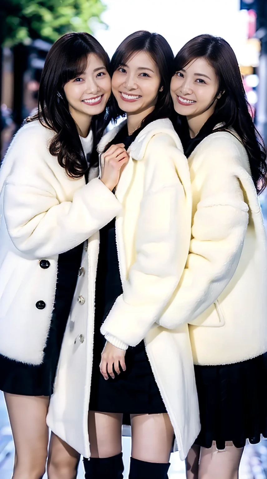 8K, RAW Photos, Full body photo, Realistic: 1.25), (Lip gloss, eyelash, Glossy face, Glowing Skin, Super beautiful sexy Japanese women, 20-year-old, Highest quality, Ultra-high resolution, Depth of written boundary, chromatic aberration, Caustics, Moisturized lips, Ultra Cropped Face, Shining Detail Eyes, Half-up dark brown hair, Snazzy, Same height, White long coat, Thick long coat, Feather long coat, Black knit dress, Black mini skirt, Black long boots, Three girls standing and hugging each other, Big Breasts, Sheer