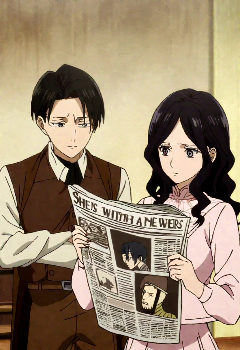 Attack on Titan screencap of a woman with ginger wavy hair. She wears a black high-necked blouse with a skirt and wearing a hat. she's reading the newspaper. She is with a man, black hair, he is wearing hat, Levi Ackerman. MAPPA studios season 4, screencap