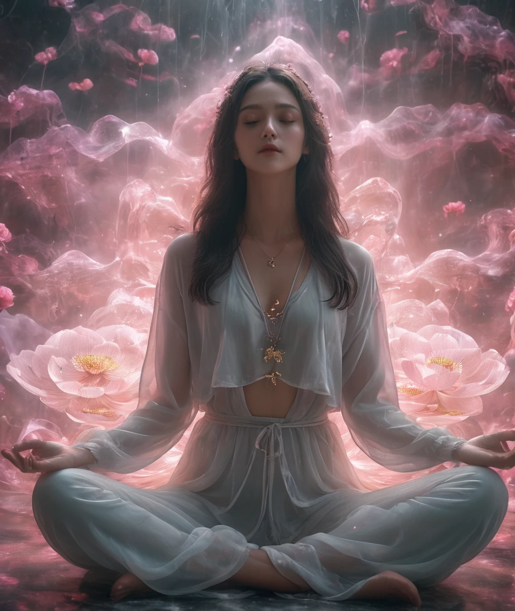 Lotus pose girl full body photography,Anatomically correct,Raw, Filming, (Be focused:1.5), (Reality:1.4), Dusk lighting, Volumetric Lighting, Ultra-high resolution, 16K,Dramatic Lighting, White background:1.5)(tangled,Mandala,dispute,Entanglement:0.7),short jacket,Transformation, Depth of Field, Dreamy atmosphere, The most beautiful chaos, grace, Brutalist Design Dark Theme, Flower of Death, Flowers of ecstasy,Glowing Line,Glow Example,Tracking Example,flash, Backlight,translucent,Light Particles,HILL,exit