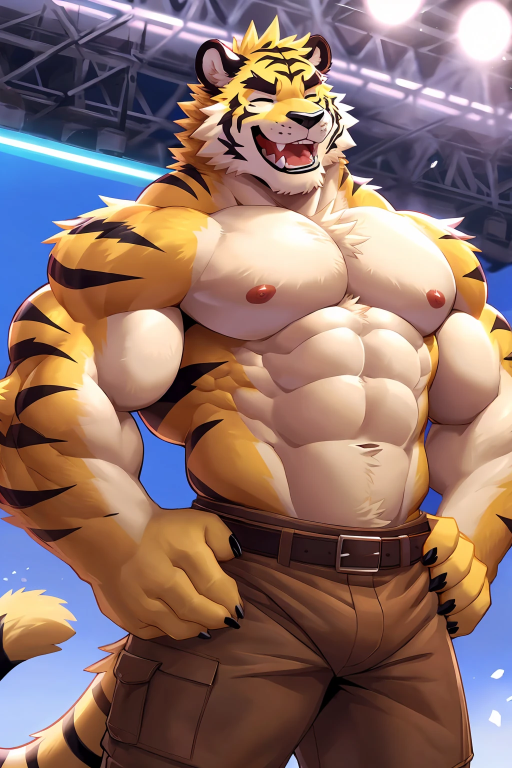(sfw:1.5), male focus, Handsome 1boy, solitary,protrait photo, 红色的Tongue, Black thick eyebrows,single, (Black nails, Black claws:1.4), Yellow hair, Yellow skin, (of the tail, Ears:1.4), White Teeth, Delicate teeth, Perfect Teeth, Tiger Teeth, (yellow body:1.3), (yellow feet:1.4), (Black nose:1.4),
tiger, feet, grey tiger, tiger boy, tiger body, Tongue, tiger尾巴, (Chubby, The body is huge, Larger face:1.3), Human feet, (Four toes:1.4),
(Brown trousers:1.2), Roll up your pants, (Brown belt:1.2), Barefoot,
(full body:1.3), ( men:1.4), (Strong body, muscle,Strong male, muscle男, Bare chest muscles:1.3), Red nippleominal muscles:1.4), belly button, (bare, Thick arms:1.3), (Standing:1.3), charming, enthusiasm, happy, Careless, Bold, Unrestrained, (Looking at the audience, Focus, Eyes gaze:1.1), (With eyes closed, Squinting:1.3), enjoy, (open mouth:1.4), (open mouth笑, laughing out loud:1.5), (Hands on hips:1.4),
full background, No Man's Land, (wasteland, Wild, ground, Blue sky, White Cloud, daytime:1.2), (Mountain, rock, gravel, Gravel, loess:1.3), (field:1.3),
Mysterious and romantic atmosphere, Caustic lines(refraction, polarization)Perfect anatomical structure, absurd, Detailed background, (Delicate eyes:1.3),Printing style。((artist:Takemoto Arashi))