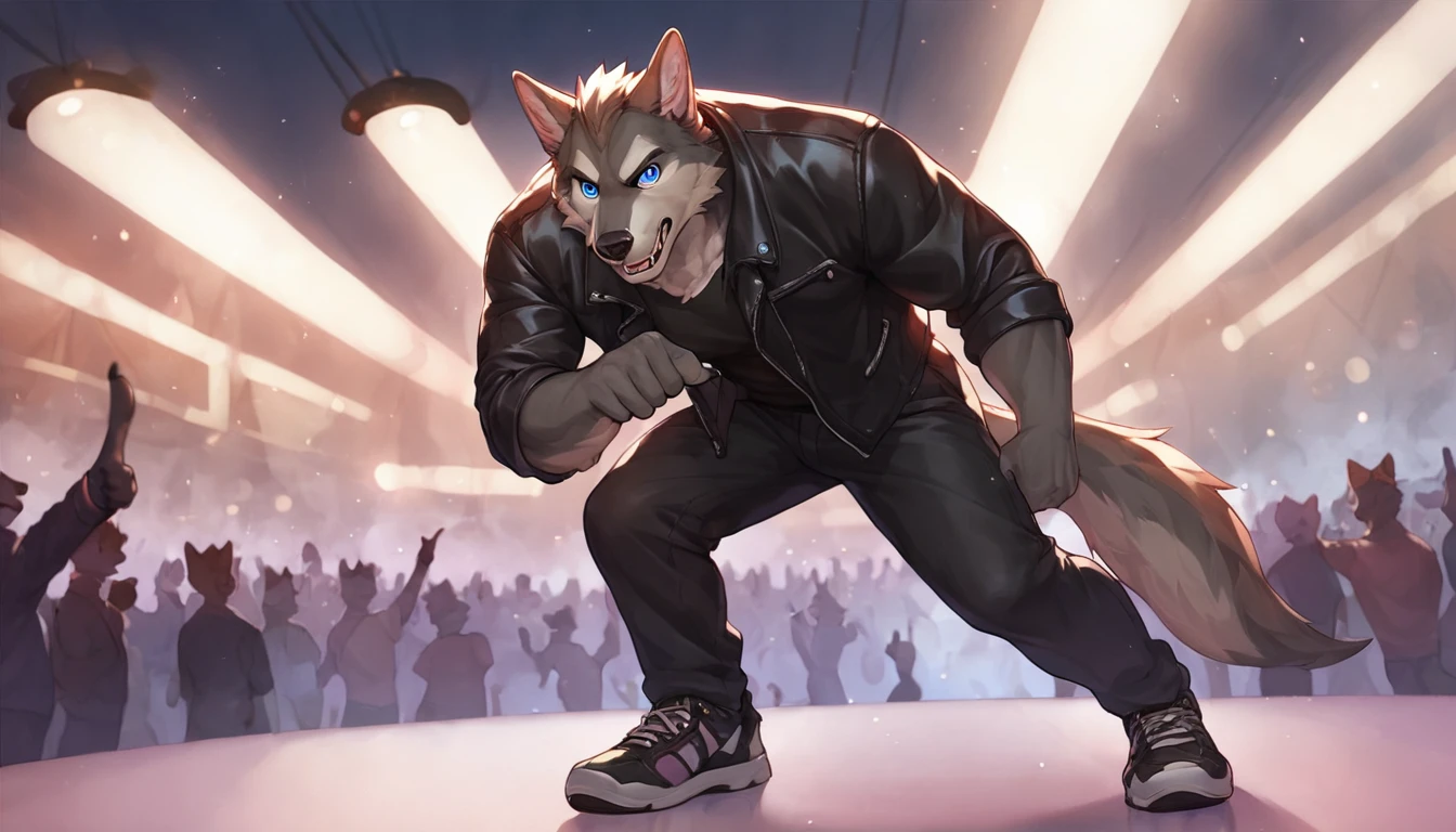 (cinematic, score_8_up,:1.5), by chunie, male, masculine, muscular, plantigrade, (hi-top_sneakers), black leather jacket, anthro, furry, gray_wolf, (pointing_at_viewer:1.2), looking down at crowd, concert stage, flashing lights, forced perspective, bottom view, bent over, posing, dynamic pose, detailed background,((detailed fur)), (detailed eyes:1.5), large eyes, blue eyes, full body,