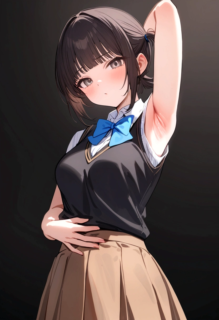 masterpiece, best quality, highres, 1girl cute and beautiful,solo, (spread armpit:1.4) ,armpit, spread armpit,show off armpit,looking at viewer,pov,blush,sweat,steam,in heat,embarrassed,,perfect hand