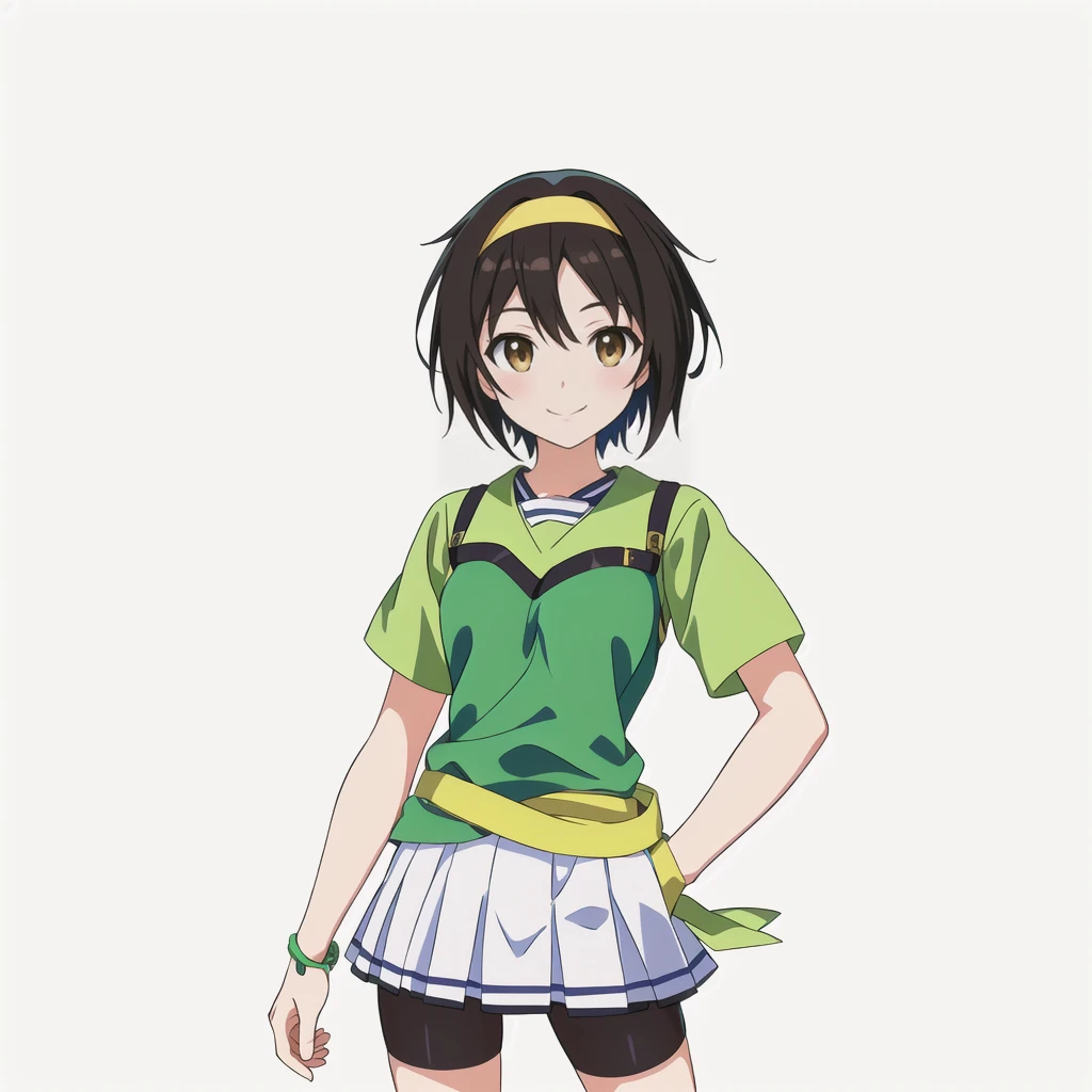 Highest quality, high resolution, High quality anime art style, Official Art, Smooth anime CG art, Stylized anime, Cute 3D anime girl render, Visual Novel Sprites, White background, whole body, Anime-style 3D, Smooth anime CG art, Humanoid Girl, JRPG Characters, Anime girl in green shirt and skirt, spats, holding the camera in his right hand, smile, Brown eyes, Black Hair, short hair, hair band, 13 years old