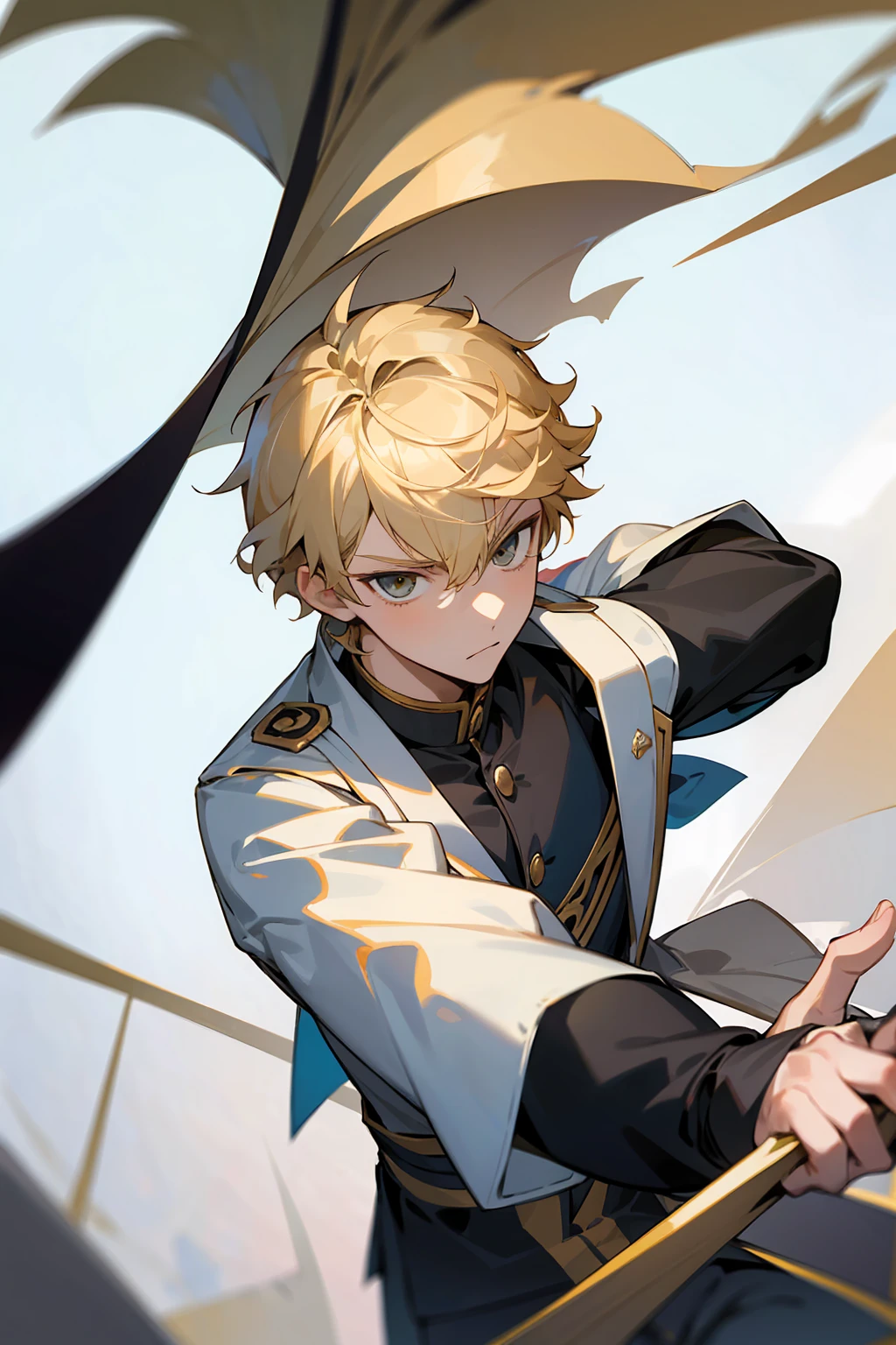 1male, Teen Male, Short Blonde Fluffy Hair, Hazel Eyes, Perfect Generation, Masterpiece Quality, school outfit, fitted sleeves, serious expression