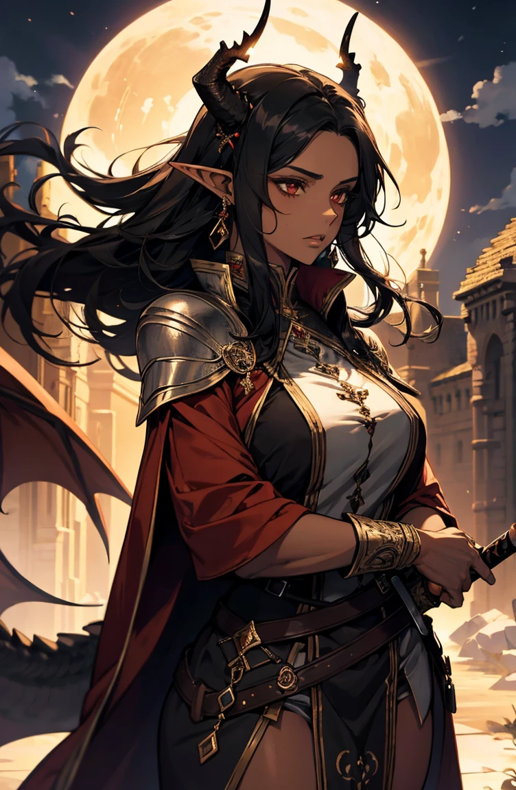 brown skin, older woman, sexy, tall, brown skin, one dragon wing, black hair, elf, elf ears, dragon horns, dark clothing, night, glow, sword