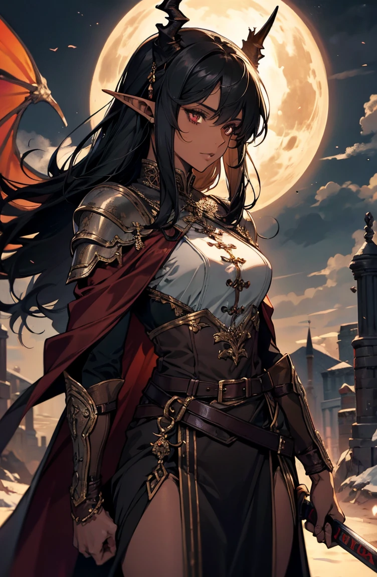 brown skin, older woman, sexy, tall, brown skin, one dragon wing, black hair, elf, elf ears, dragon horns, dark clothing, night, glow, sword