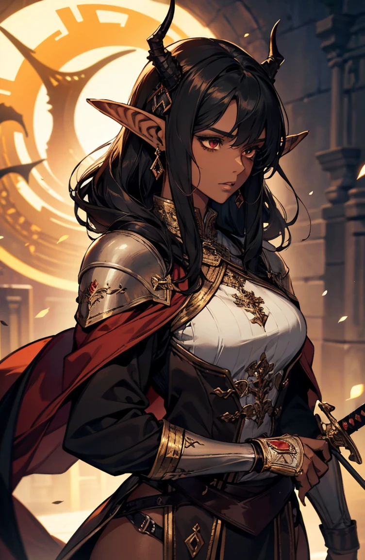 brown skin, older woman, sexy, tall, brown skin, one dragon wing, black hair, elf, elf ears, dragon horns, dark clothing, night, glow, sword