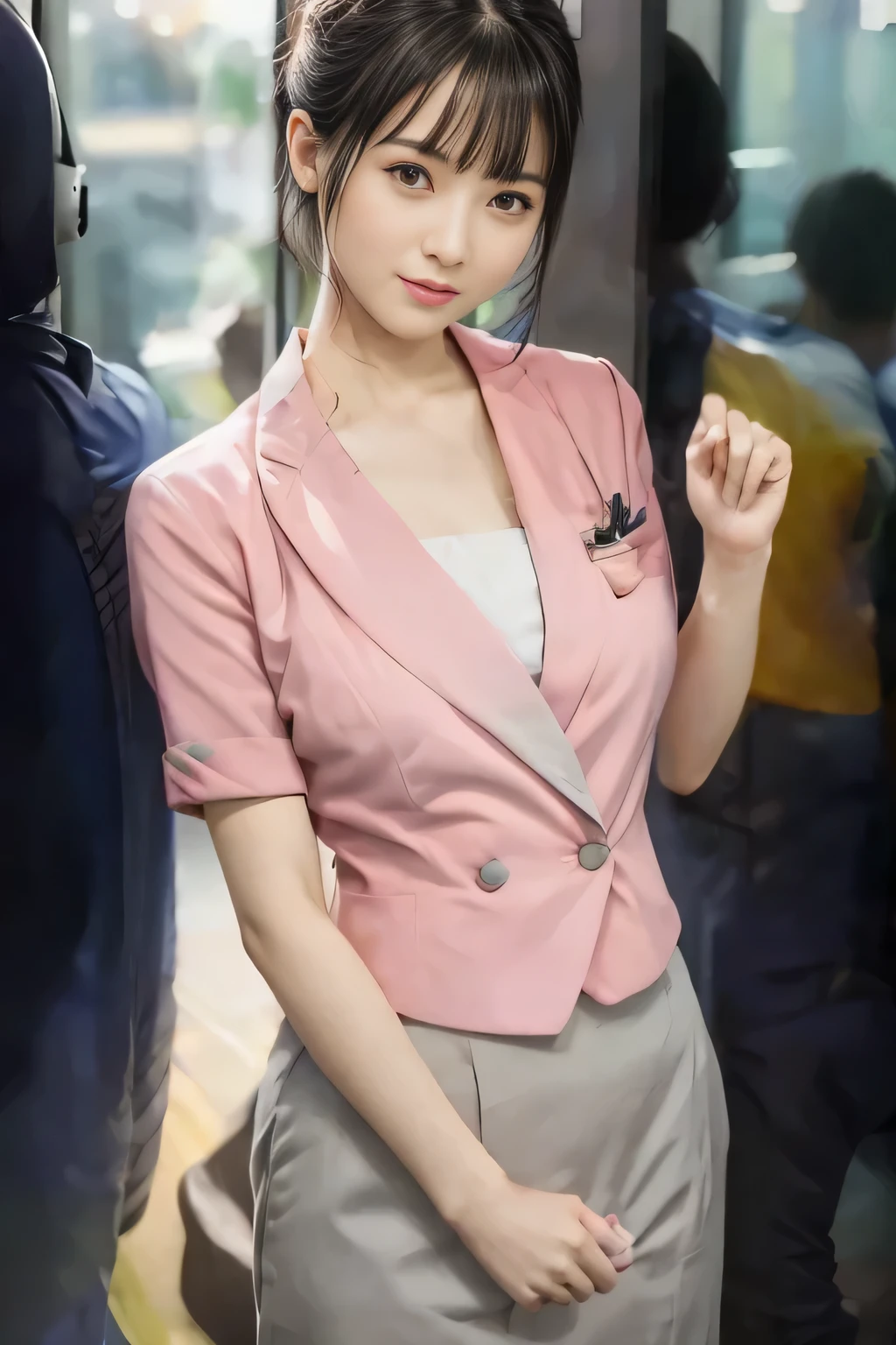 (masterpiece:1.2, Highest quality:1.2), 32k HDR, High resolution, (alone、1 girl)、 (Height: 160cm)、(On the rooftop of a building in the daytime、Professional Lighting)、Building rooftop background、(Nankai train crew uniform pinkを着たリアルスタイル)、(Nankai train crew uniform pink short sleeve collarless pink jacket、Nankai Train Crew Uniform Pink Collarless Short Sleeve Blouse、Nankai Train Crew Uniform Pink Grey Knee-length Culottes)、(The pink jacket is showing from the culottes.)、Dark brown hair、(Hair tied up、Chignon)、Long Shot、Big Breasts、Thin legs、((Great hands:2.0)),((Harmonious body proportions:1.5)),((Normal limbs:2.0)),((Normal finger:2.0)),((Delicate eyes:2.0)),((Normal eyes:2.0)))、smile、(Nankai Train Crew Uniform Pink Grey Knee-length Culottesを見せた美しい歩く姿)、Place your hands around your stomach
