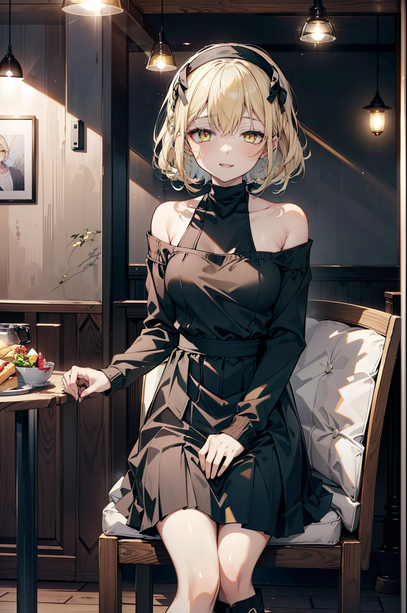 (アイスWallenstein, Wallenstein, blonde, Hair between the eyes, hair band, happy smile, smile, Open your mouth,Blonde,Long Hair, (Yellow Eyes:1.5),One-shoulder sweater,Long skirt,short boots,Sitting in a chair,There is food on the table,Daytime,Clear skies,whole bodyがイラストに入るように, break looking at viewer, whole body, break indoors,Coffee shop,, break (masterpiece:1.2), Highest quality, High resolution, unity 8k wallpaper, (shape:0.8), (Beautiful and beautiful eyes:1.6), Highly detailed face, Perfect lighting, Extremely detailed CG, (Perfect hands, Perfect Anatomy),