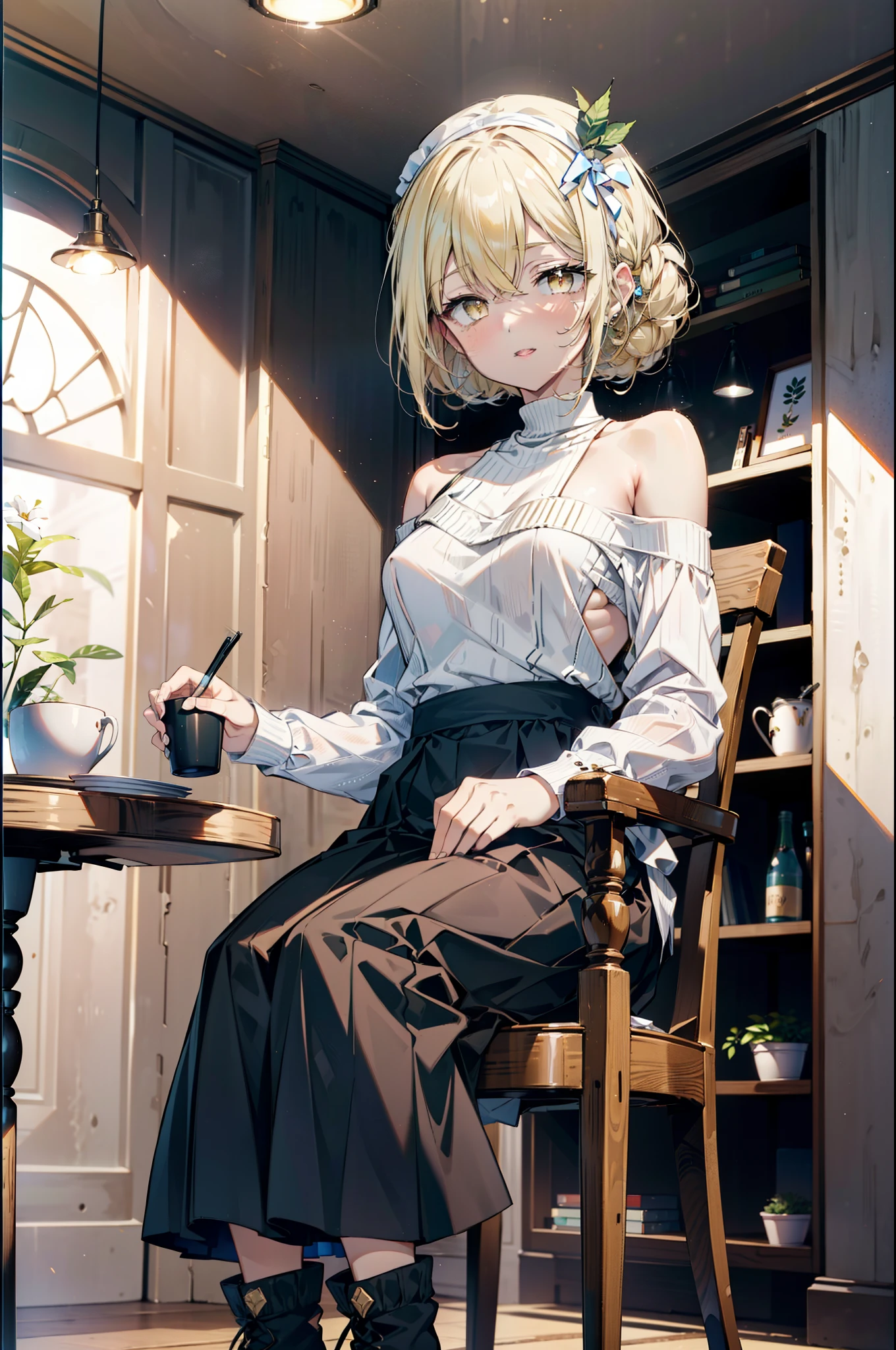 (アイスWallenstein, Wallenstein, blonde, Hair between the eyes, hair band, happy smile, smile, Open your mouth,Blonde,Long Hair, (Yellow Eyes:1.5),One-shoulder sweater,Long skirt,short boots,Sitting in a chair,There is food on the table,Daytime,Clear skies,whole bodyがイラストに入るように,　　　　　　　　　　　　　　　　　break looking at viewer, whole body,　　　　　　　　　　　break indoors,Coffee shop,,　　　　　　　　　　　　　　　 break (masterpiece:1.2), Highest quality, High resolution, unity 8k wallpaper, (shape:0.8), (Beautiful and beautiful eyes:1.6), Highly detailed face, Perfect lighting, Extremely detailed CG, (Perfect hands, Perfect Anatomy),