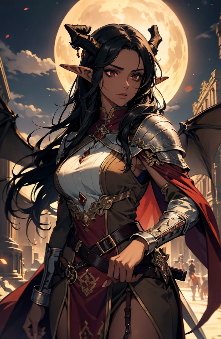brown skin, older woman, sexy, tall, brown skin, one dragon wing, black hair, elf, elf ears, dragon horns, dark clothing, night, glow, sword
