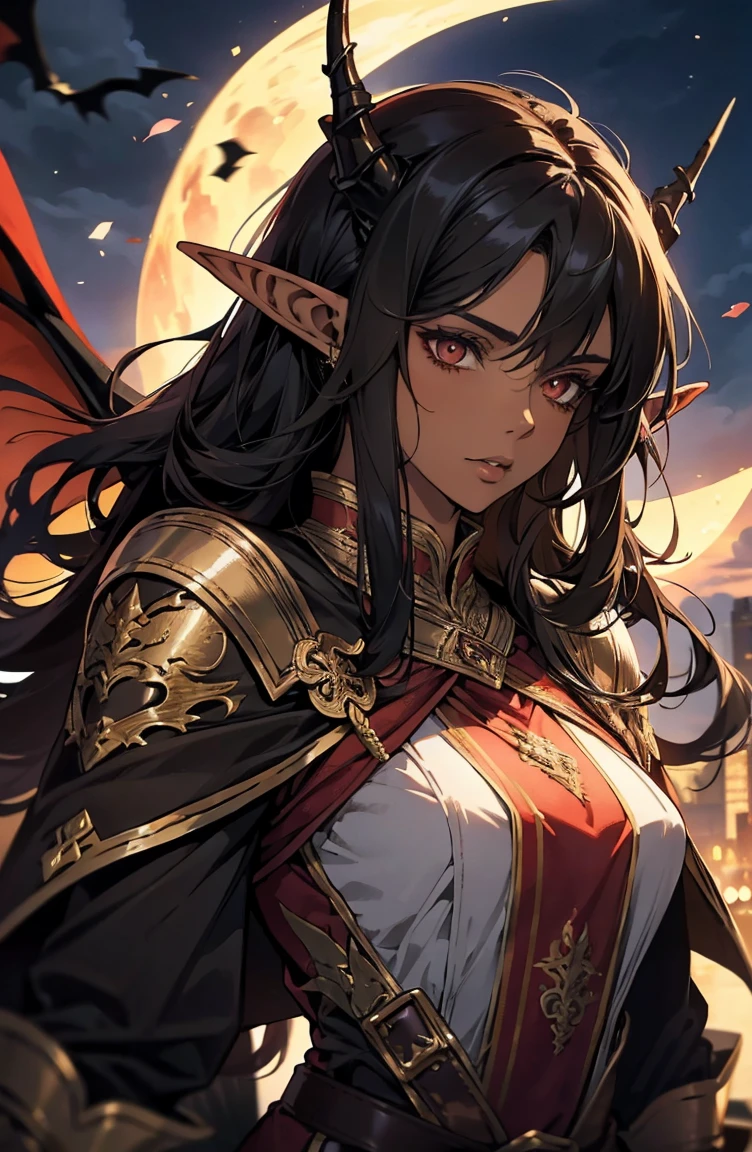 brown skin, older woman, sexy, tall, brown skin, one dragon wing, black hair, elf, elf ears, dragon horns, dark clothing, night, glow, sword