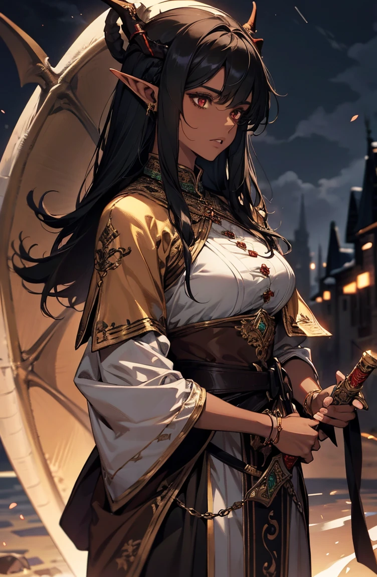 brown skin, older woman, sexy, tall, brown skin, one dragon wing, black hair, elf, elf ears, dragon horns, dark clothing, night, glow, sword