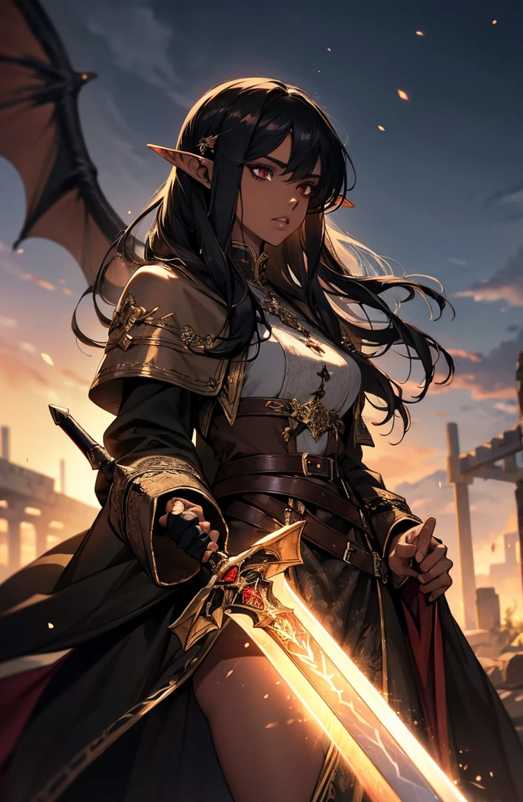 brown skin, older woman, sexy, tall, brown skin, one dragon wing, black hair, elf, elf ears, dragon horns, dark clothing, night, glow, sword