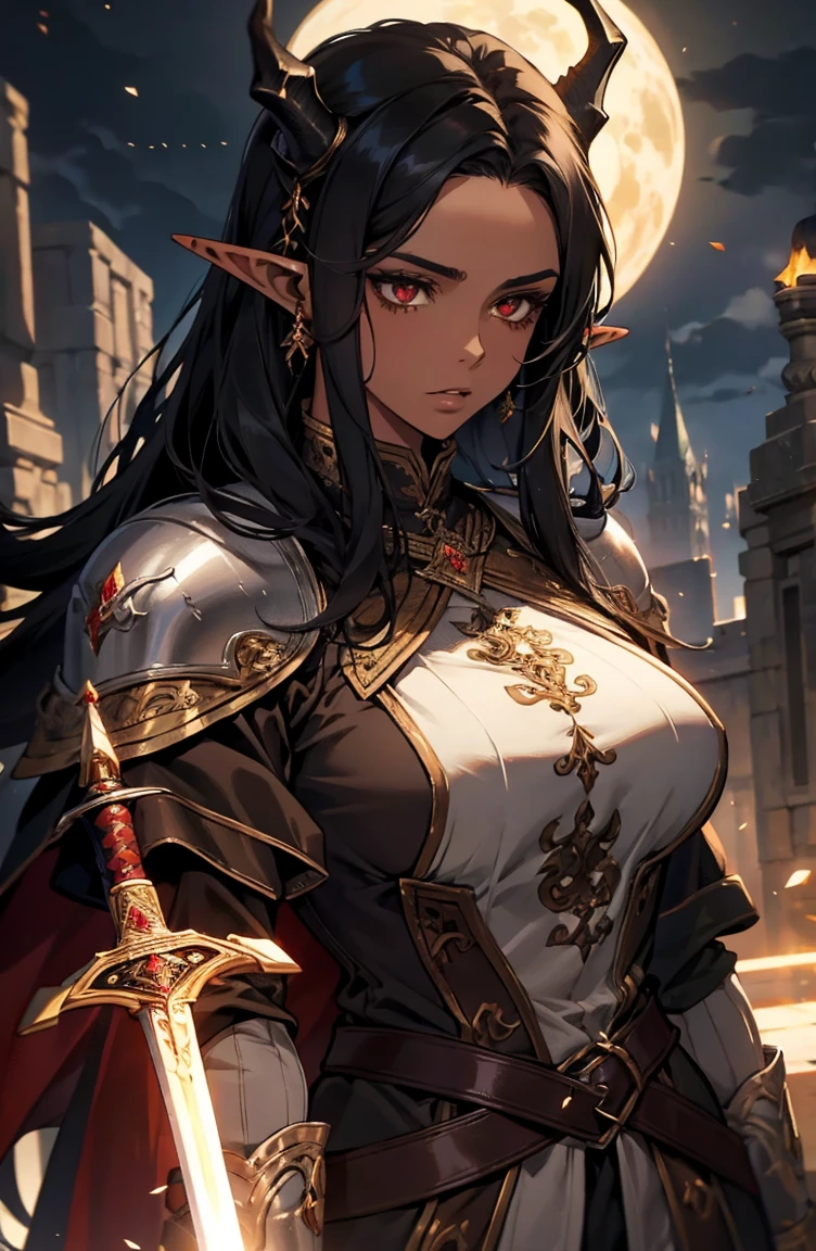 brown skin, older woman, sexy, tall, brown skin, one dragon wing, black hair, elf, elf ears, dragon horns, dark clothing, night, glow, sword