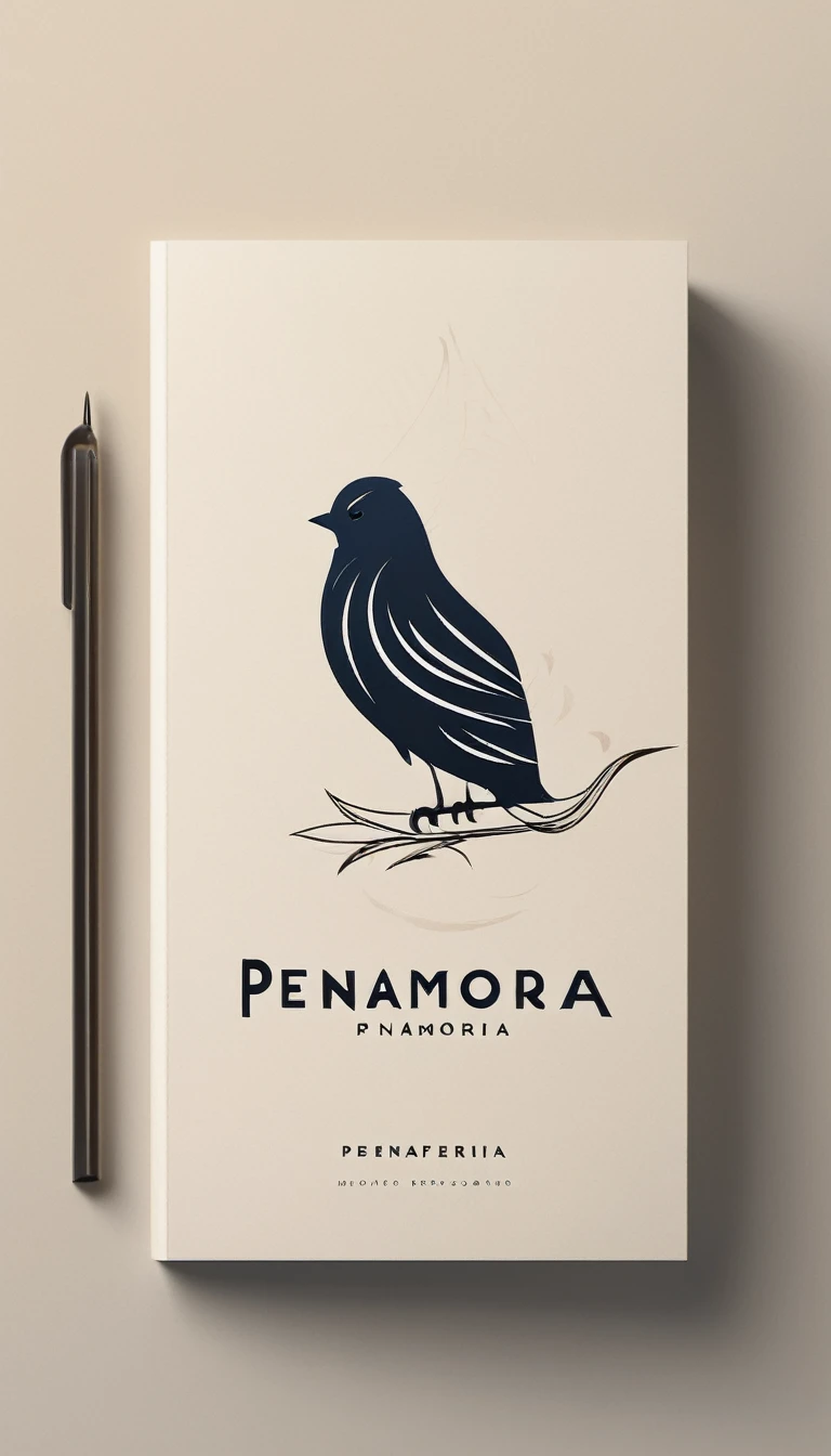 A minimal, modern, simple, cinematic logotype for the brand “Penamemoria". The logotype must be a simple, magical feather and a boy playing acoustic guitar. The logo must convey a sense of music, stories and dreams. Logo design impressed on a book cover. Minimalistic logo
