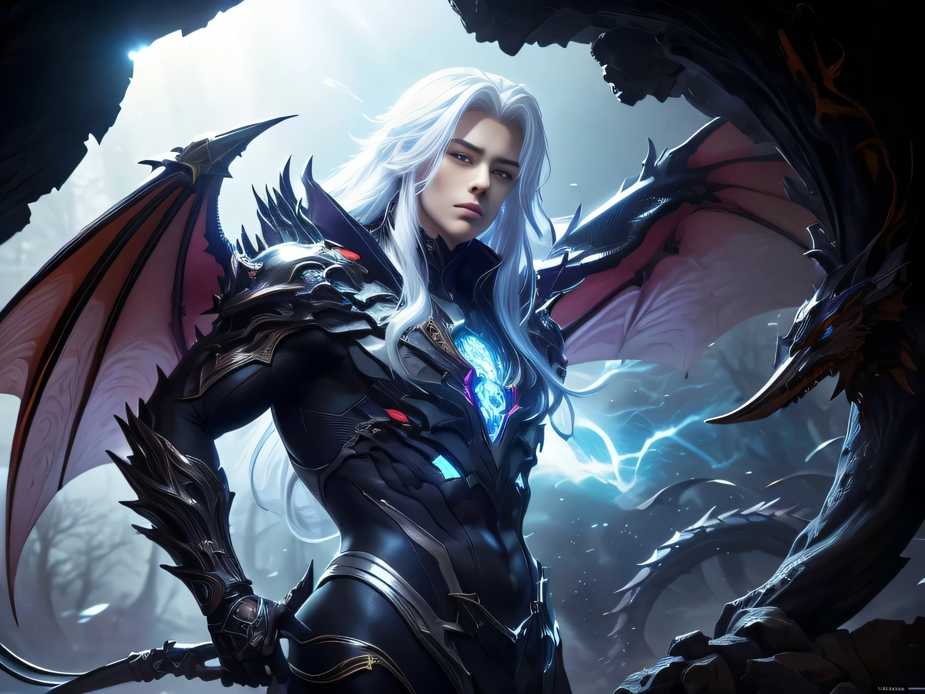 (Best Quality, 8K, Masterpiece, HDR, Soft Lighting, Picture Perfect, Realistic, Vivid), Male Humanoid Dragon (1.0), 1 Guy, Perfect Face, Super Detailed Photo of a Gorgeous Humanoid Dragon Man with Long White Hair, Side by Side lies a white dragon, Beautiful anime fantasy, background blur, anime fantasy, work in the style of Gouves, realism: 1.37, long white hair, plump lips, (((Curvy guy))), (Ultra high quality fantasy art), Masterpiece, male model, male character ultra high quality designs, detailed 8k anime art, realistic anime art, highest quality wallpapers, intricate ultra high quality accurate male characters faces, high quality designs and accurate physics (fantasy - ultra high quality art), dark fantasy style), masterpieces, super high quality quality characters, anime resolution - 8K, realistic anime art, wallpapers with the highest quality illustrations, ultra-high detail faces, high-quality design and accurate physics), color, depth of field, shadows, ray tracing, high-quality execution. -high quality and 8K resolution, (Accurate simulation of the interaction of light and materials)], [High-quality hair detail [Read more about beautiful and shiny white hair]], (Beautifully detailed hands [perfect fingers [Perfect nails]]], (perfect anatomy ( perfect proportions)))) [[Full-length]], [Perfect combination of colors (Accurate imitation of the interaction of light and material)], [art that conveys the meaning of the story](modified)