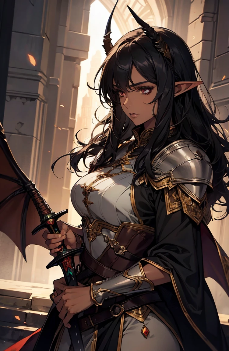 brown skin, older woman, sexy, tall, brown skin, one dragon wing, black hair, elf, elf ears, dragon horns, dark clothing, night, glow, sword