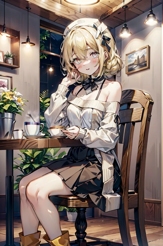 (アイスWallenstein, Wallenstein, blonde, Hair between the eyes, hair band, happy smile, smile, Open your mouth,Blonde,Long Hair, (Yellow Eyes:1.5),One-shoulder sweater,Long skirt,short boots,Sitting in a chair,There is food on the table,Daytime,Clear skies,whole bodyがイラストに入るように,　　　　　　　　　　　　　　　　　break looking at viewer, whole body,　　　　　　　　　　　break indoors,Coffee shop,,　　　　　　　　　　　　　　　 break (masterpiece:1.2), Highest quality, High resolution, unity 8k wallpaper, (shape:0.8), (Beautiful and beautiful eyes:1.6), Highly detailed face, Perfect lighting, Extremely detailed CG, (Perfect hands, Perfect Anatomy),