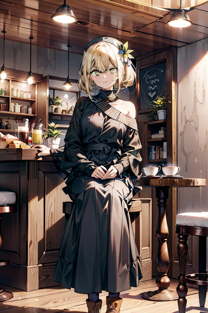 (アイスWallenstein, Wallenstein, blonde, Hair between the eyes, hair band, happy smile, smile, Open your mouth,Blonde,Long Hair, (Yellow Eyes:1.5),One-shoulder sweater,Long skirt,short boots,Sitting in a chair,There is food on the table,Daytime,Clear skies,whole bodyがイラストに入るように,　　　　　　　　　　　　　　　　　break looking at viewer, whole body,　　　　　　　　　　　break indoors,Coffee shop,,　　　　　　　　　　　　　　　 break (masterpiece:1.2), Highest quality, High resolution, unity 8k wallpaper, (shape:0.8), (Beautiful and beautiful eyes:1.6), Highly detailed face, Perfect lighting, Extremely detailed CG, (Perfect hands, Perfect Anatomy),