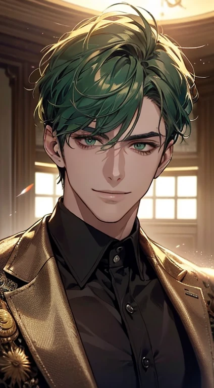 (best quality, masterpiece, 8K, photorealistic, cinematic lighting, hdr image, ultra detailed, beautiful image), a mature man, very handsome, smile, short green hair, golden eyes perfect, perfect face without errors, ((buttoning the jacket, CEO))