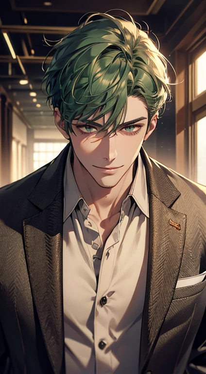 (best quality, masterpiece, 8K, photorealistic, cinematic lighting, hdr image, ultra detailed, beautiful image), a mature man, very handsome, smile, short green hair, golden eyes perfect, perfect face without errors, ((buttoning the jacket, CEO))